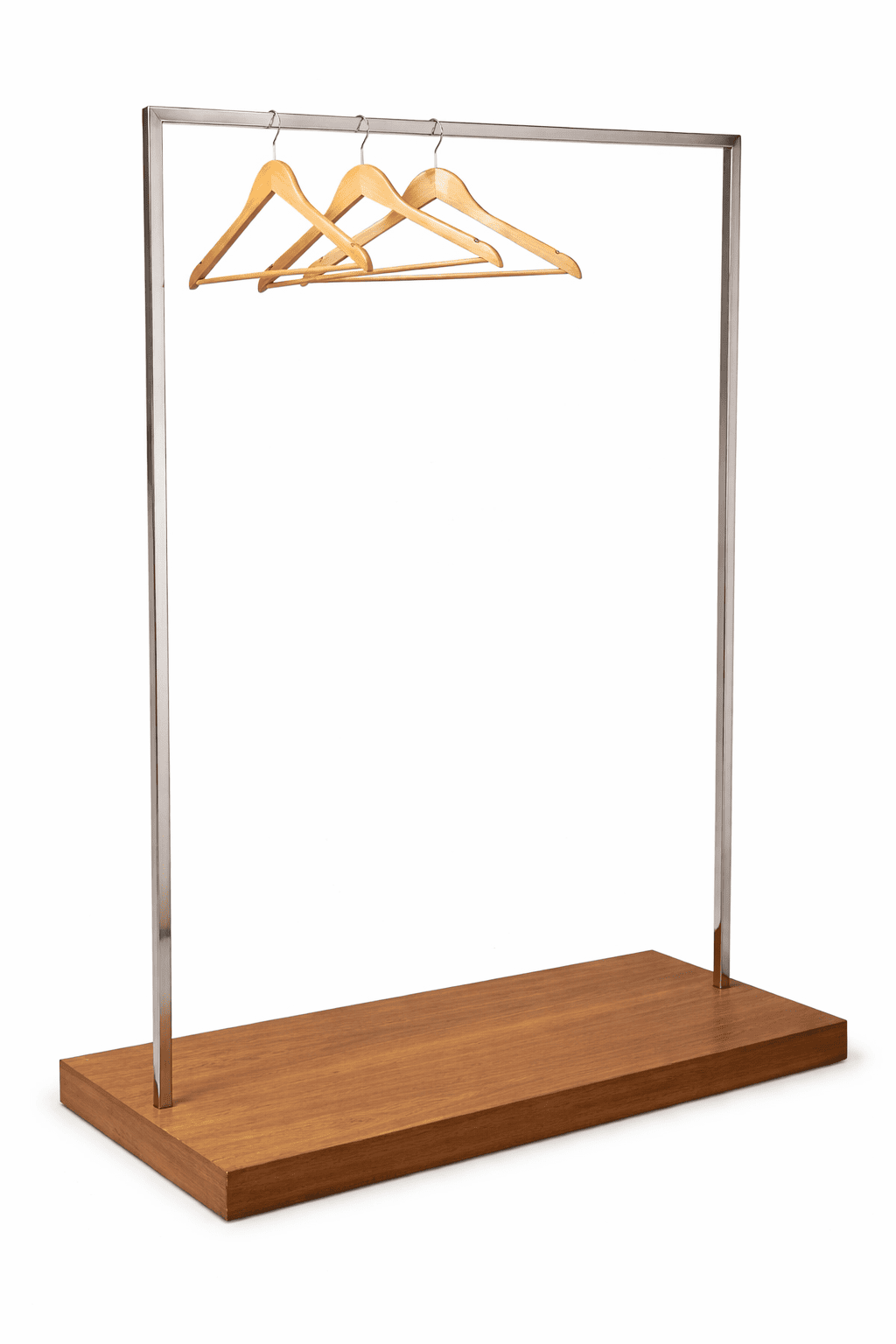 Mobile clothing rack with wooden base for event cloakroom and backstage wardrobe