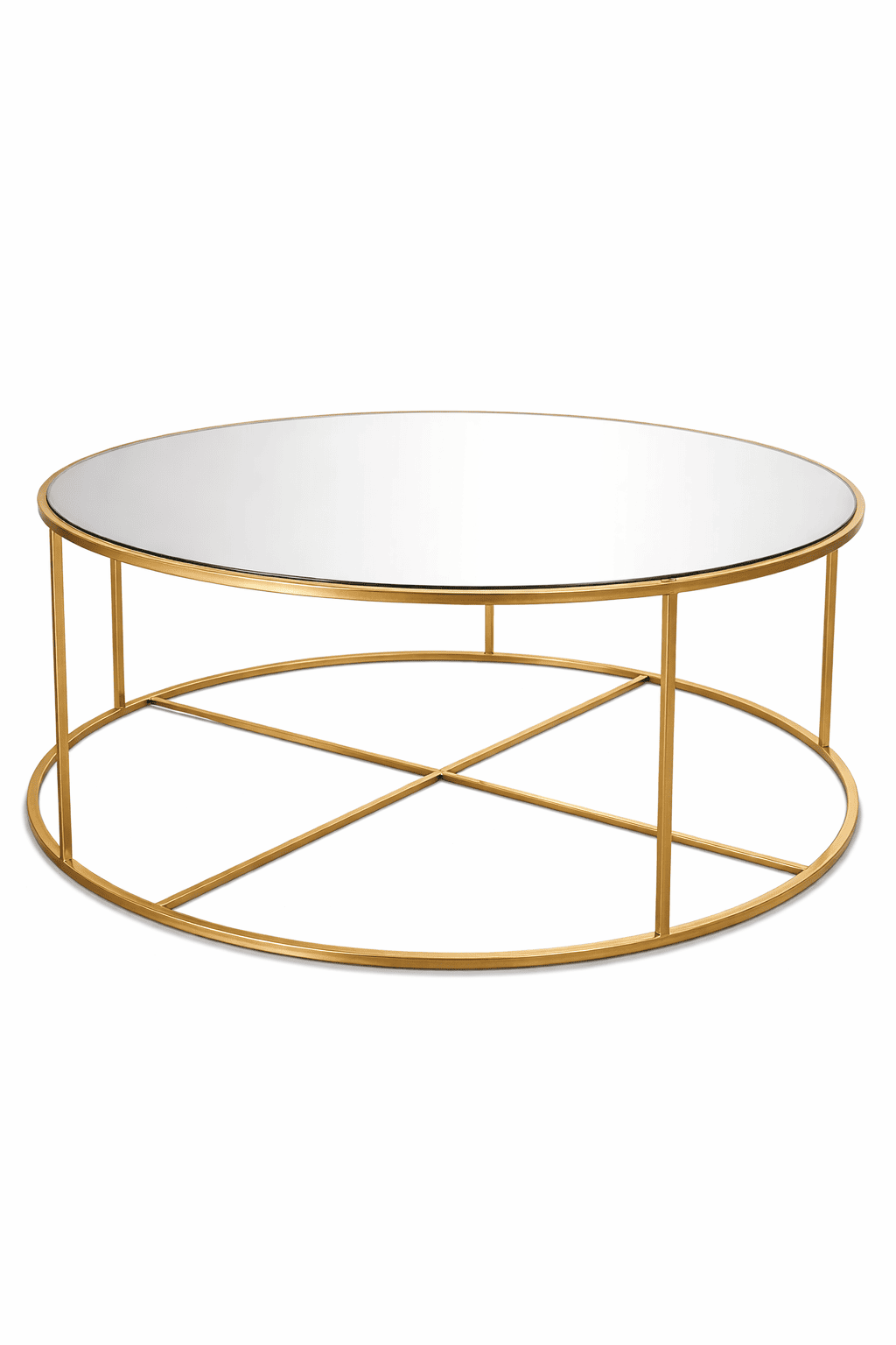 Large round glass coffee table with gold metal base for luxury events