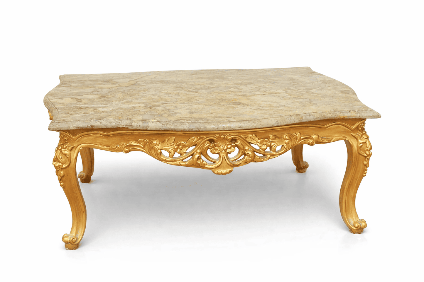 Antique Louis XV gilded coffee table with marble top for luxury event decor rental