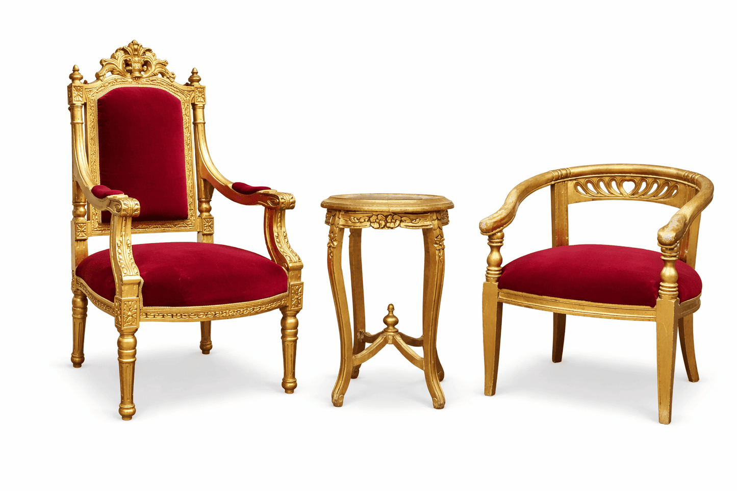 Napoleon III antique furniture set with gilded throne chair, salon chair and side table for luxury event decor