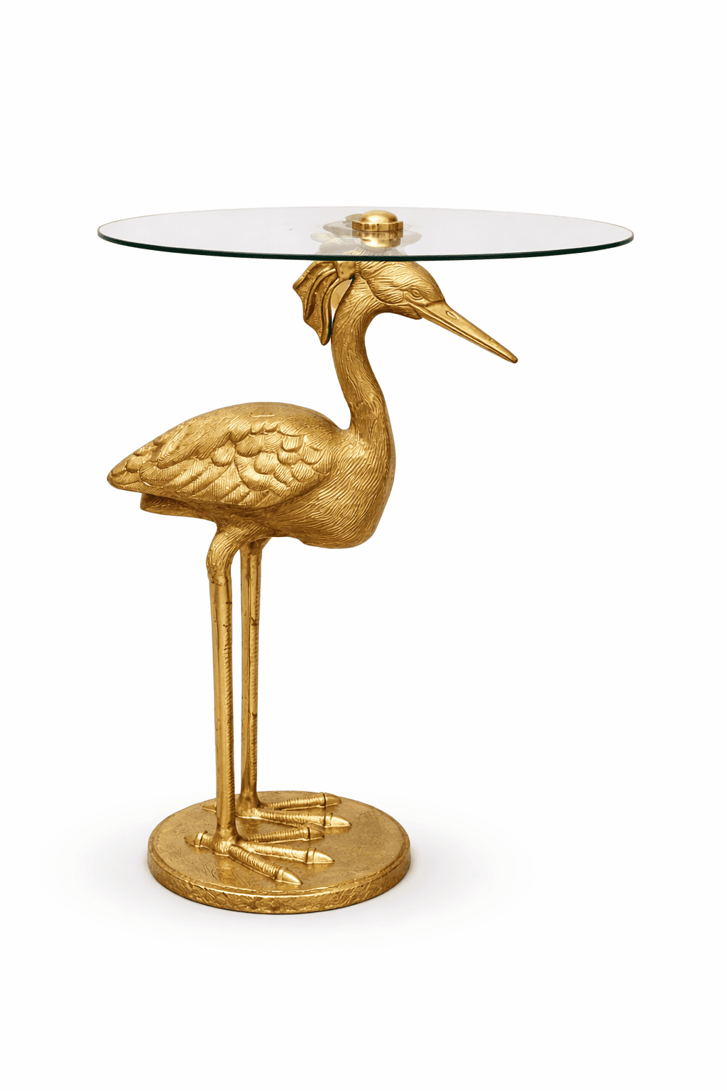 Golden crane side table with glass tabletop – decorative luxury event furniture for weddings, lounge zones and stylish interiors.