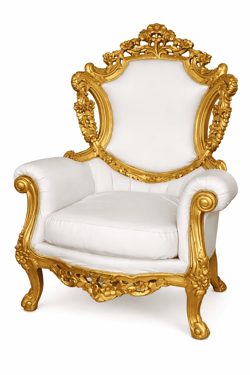 Vintage Louis XV style gilded armchair with high backrest for film set and luxury event styling