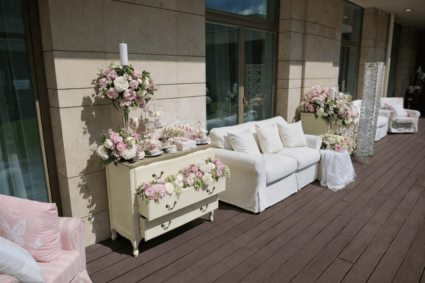 French display cabinet with drawers for candy bar and wedding buffet styling