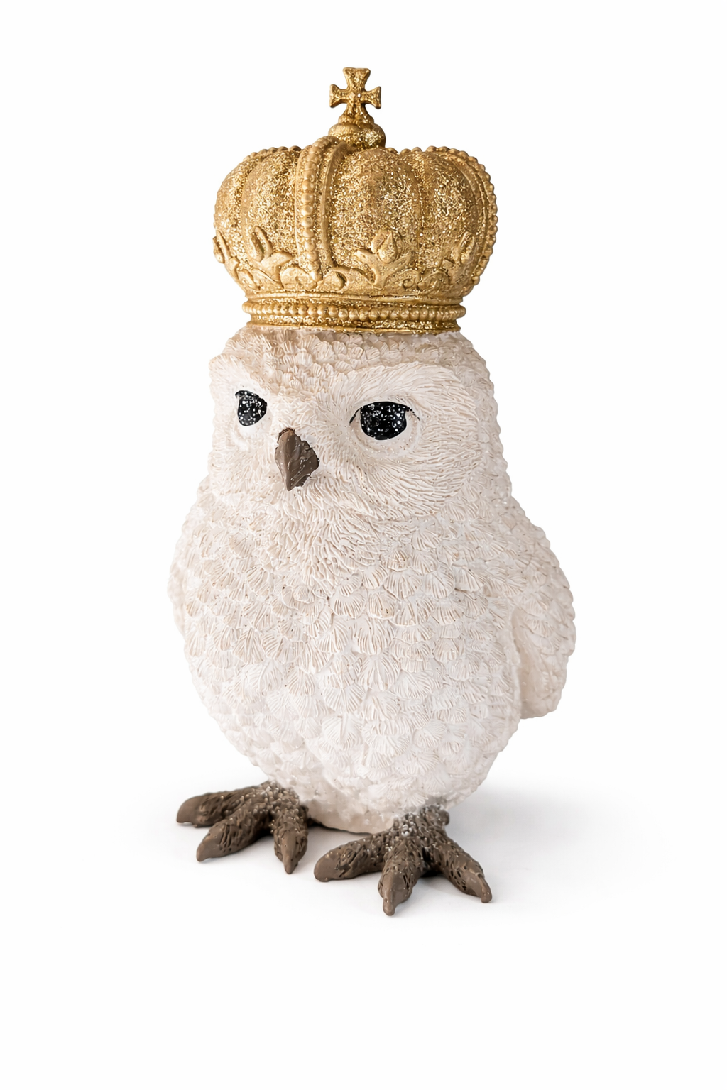 Luxury crowned owl figurine rental Riga, royal Christmas props hire Latvia, 19.5cm snowy owl holiday statue Riga, magical winter palace theme decor, premium centerpiece props Baltic.