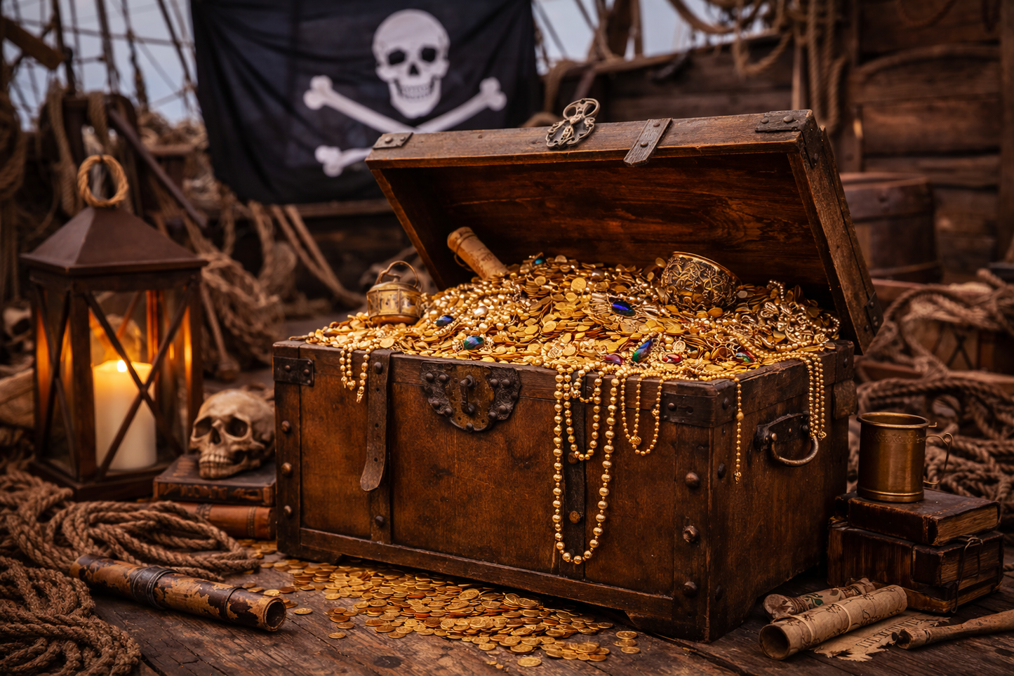 Wooden treasure chest filled with gold and jewelry themed event prop hire