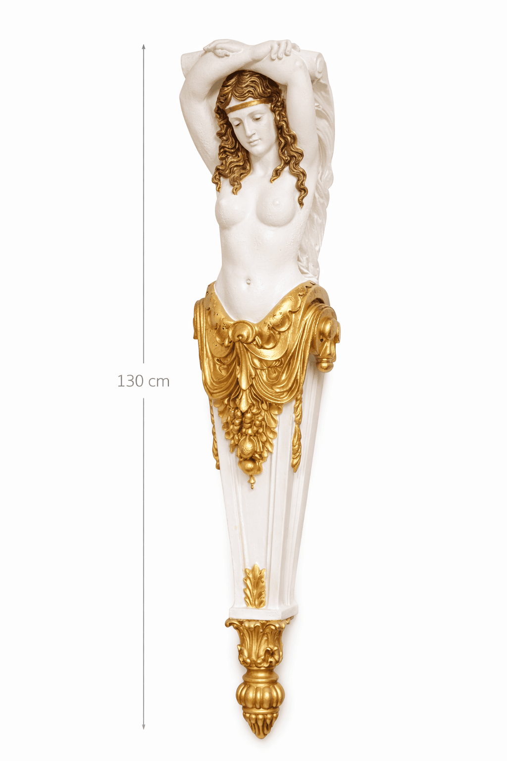 Neoclassical caryatid wall sculpture with gold accents, 130 cm classical Greek architectural female figure décor.