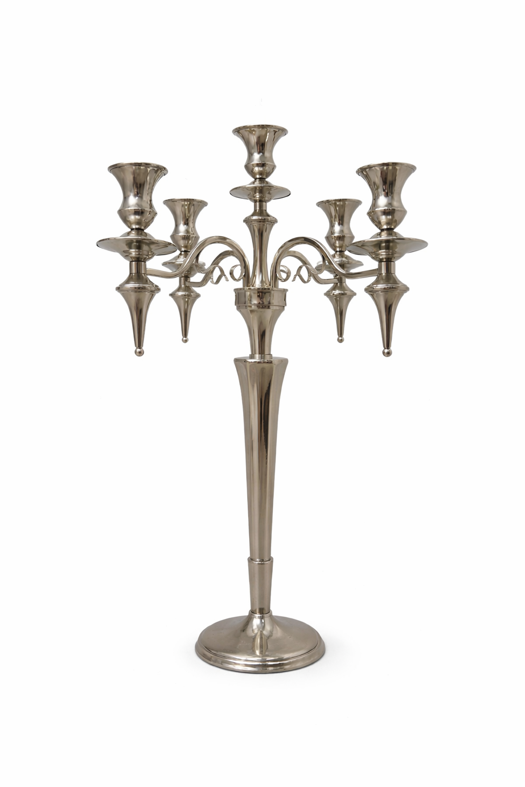 Tall silver five arm candle holder event decoration
