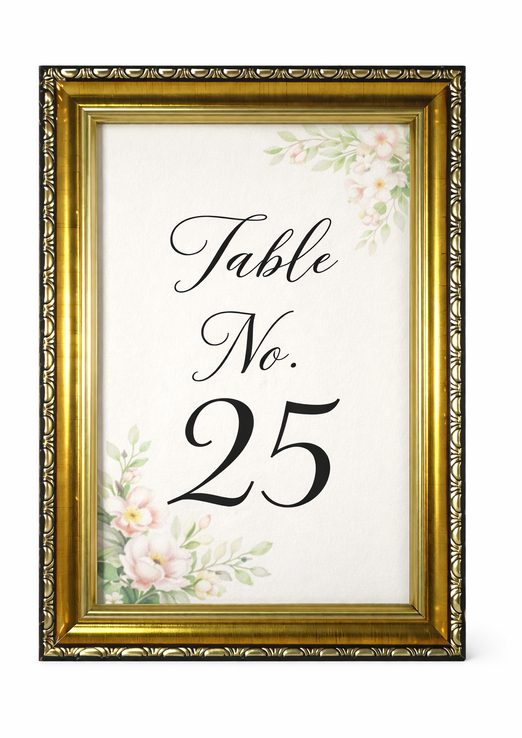 Decorative table number sign with floral design and gold frame for hire wedding 7skyrent