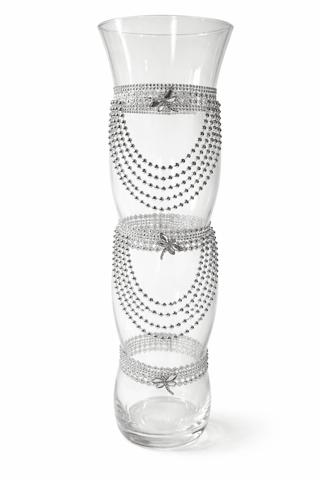 Tall Glass Vase with crystals & pearl chains