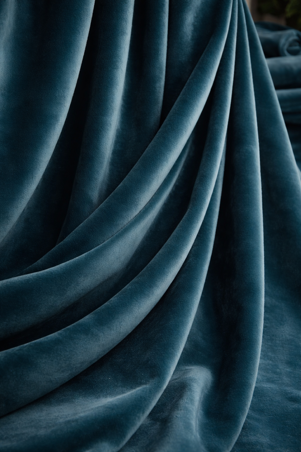 Close-up of blue velvet fabric drapes 7skyrent