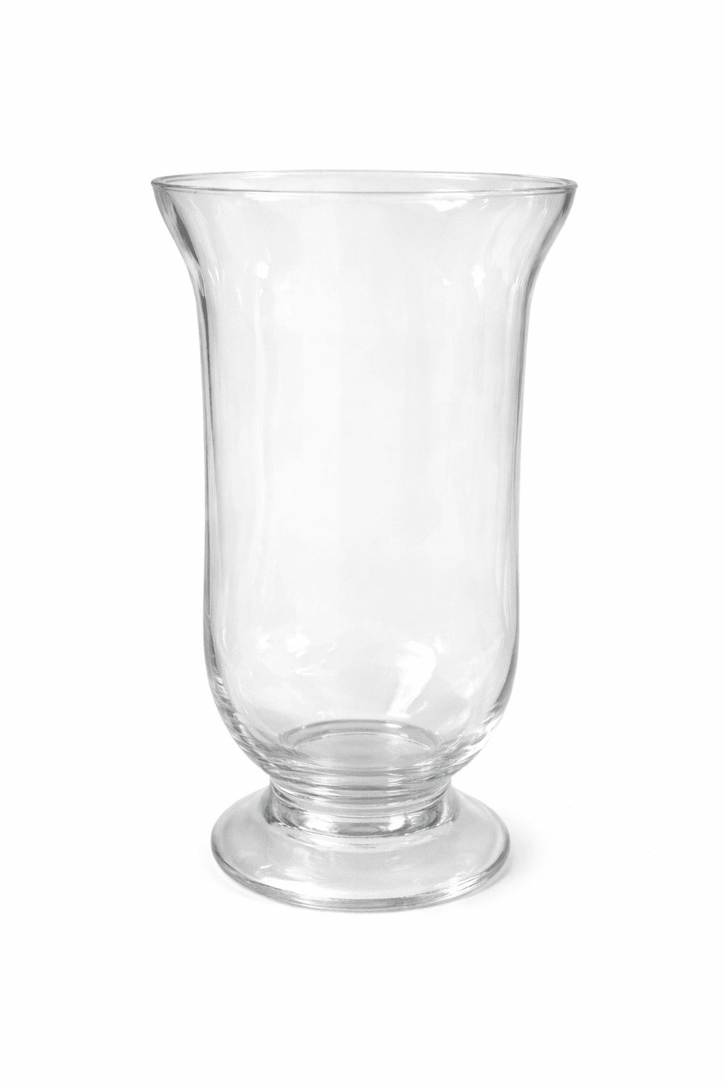 Clear glass hurricane vase on a white background