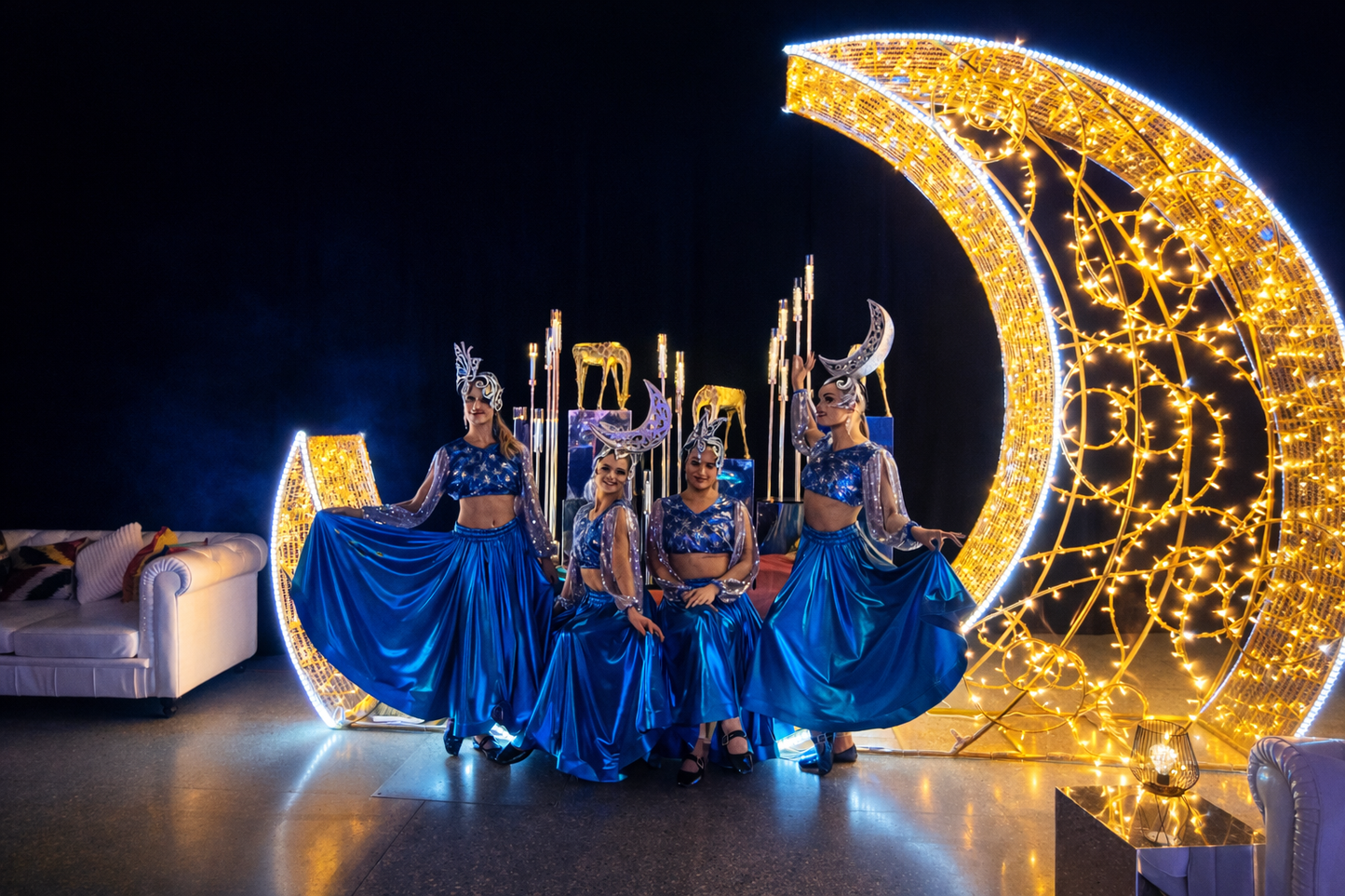 Where to rent crescent moon bench Riga, giant illuminated moon sculpture hire Latvia, 280cm festive photo zone bench Riga, where to rent Christmas decor in Riga, commercial celestial light installation Baltic, New Year event photo prop.
