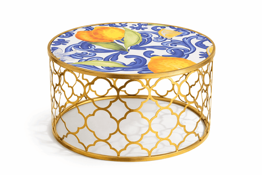 Amalfi style coffee table with lemon ceramic top and gold frame