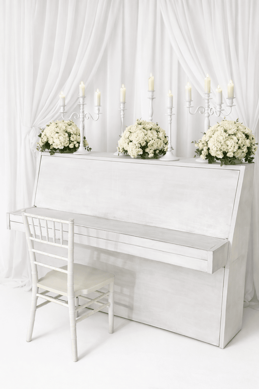 Vintage white piano for wedding ceremony decor and elegant event styling