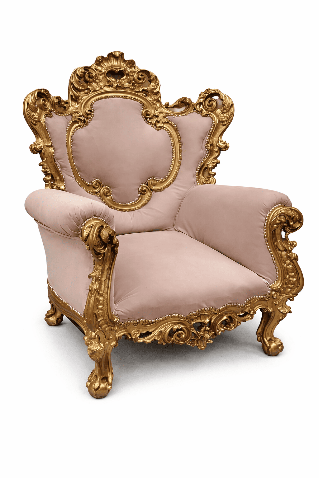 Vintage Louis XV style gilded armchair for photo shoots, film sets and luxury event styling