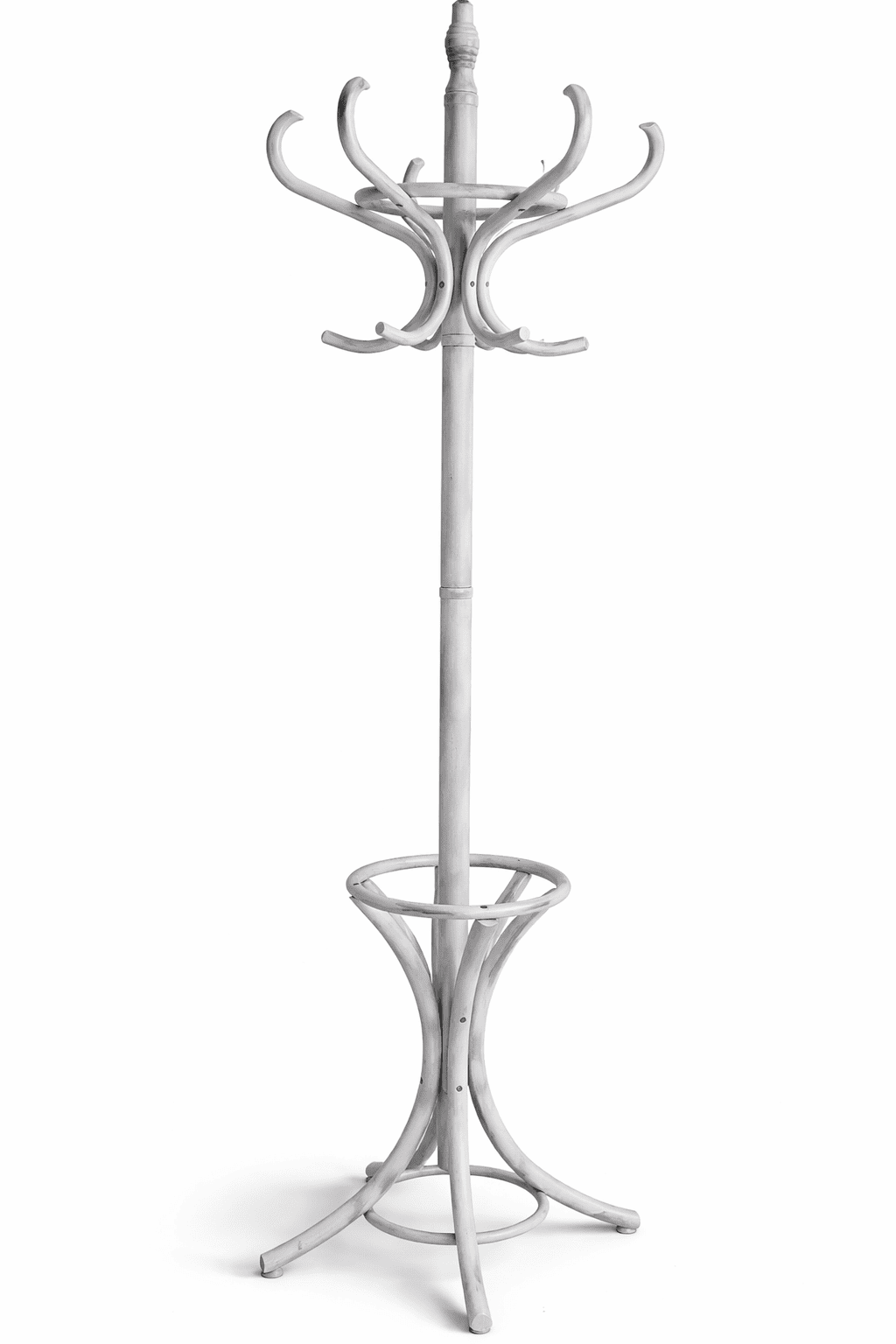 Vintage white coat stand with curved hooks for wedding cloakroom and event entrance