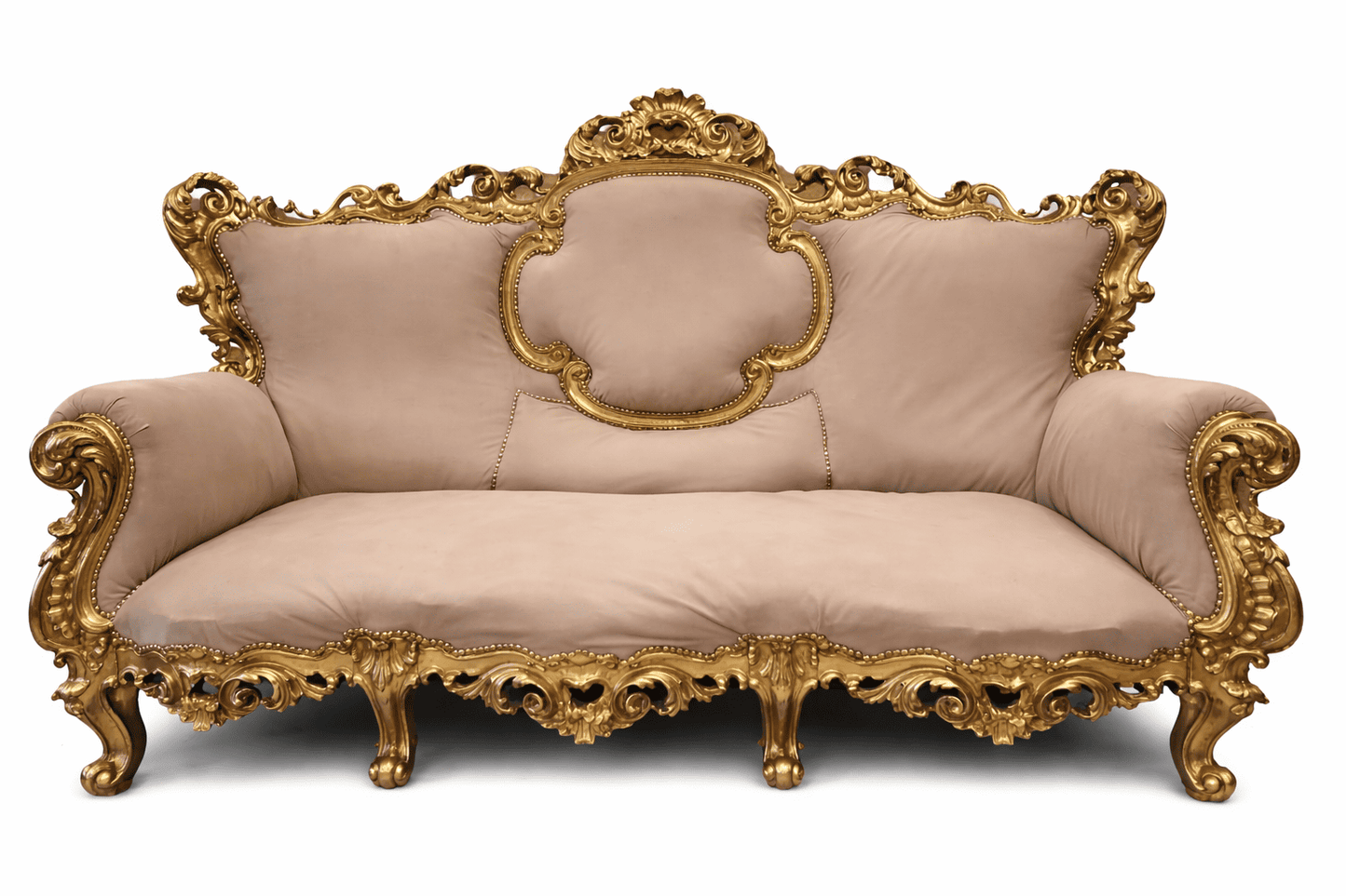 Antique Louis XV gilded sofa with ornate rococo carving for luxury wedding lounge decor rental