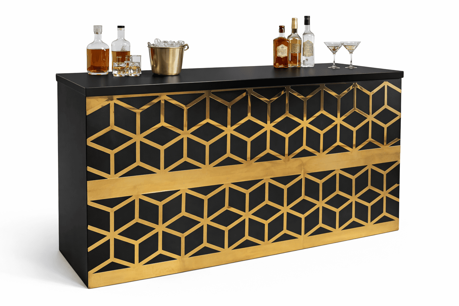 Black and gold Art Deco event bar counter with geometric design