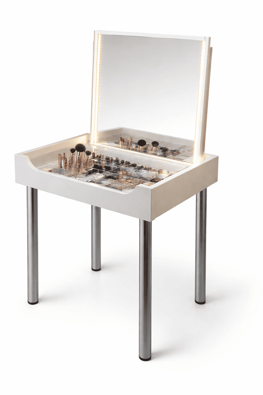 Portable makeup vanity table with LED mirror and chrome legs for event backstage
