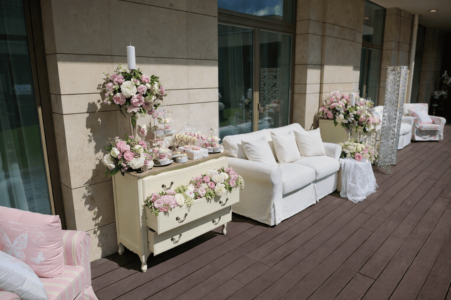 French display cabinet with drawers for candy bar and wedding buffet styling