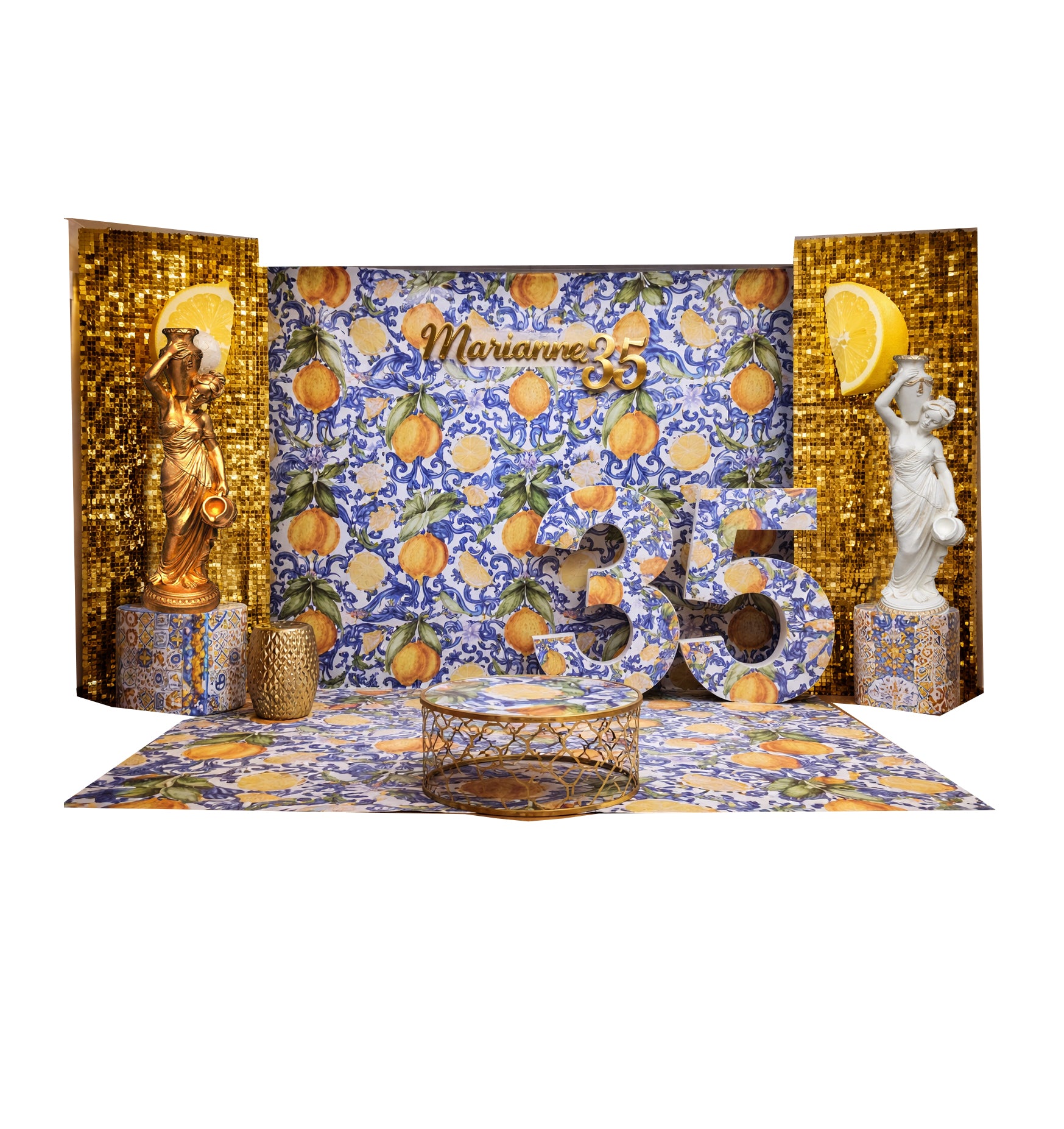 Decorative birthday setup with statues, lemons, and a colorful backdrop lemon amalfi themed for hire