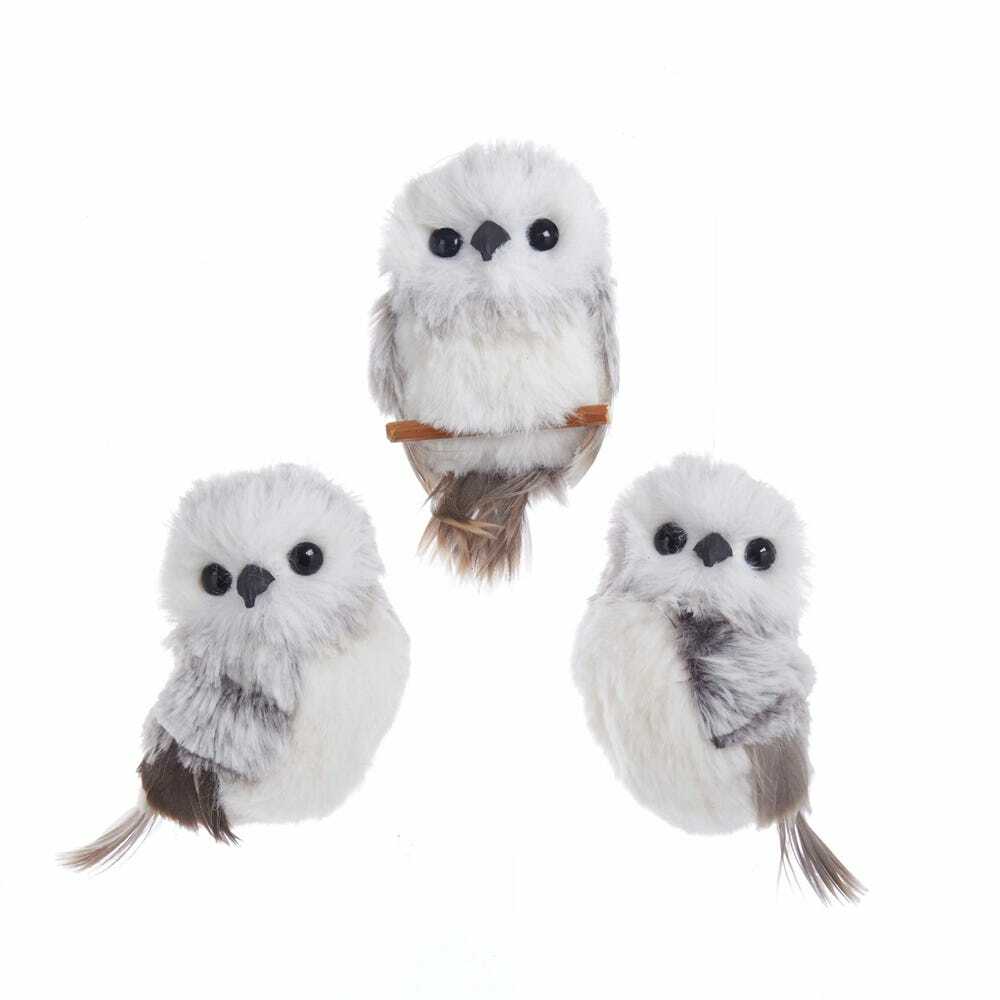 Where to rent owl decorations Riga, small plush owl prop hire Latvia, 9-10cm grey white festive owl figurines Riga, where to rent Christmas decor in Riga, boutique Scandinavian holiday display Baltic, cozy winter woodland character props.
