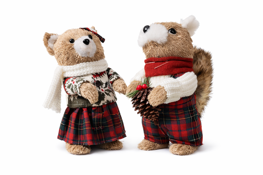 Woodland Christmas decorations rental Riga, rustic animal figurines hire Latvia, 23cm bear bunny holiday props Riga, cozy winter chalet table decor, premium eco style festive setup Baltic.