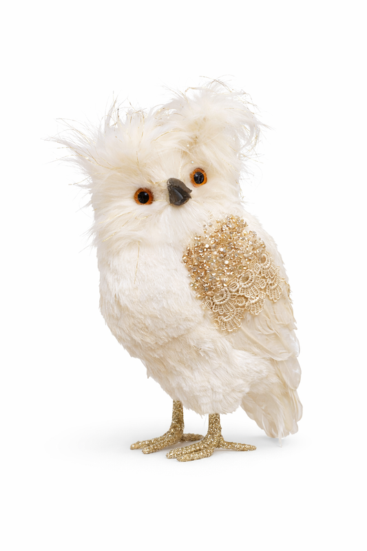 Luxury white owl figurine rental Riga, detailed feathered owl prop hire Latvia, 16.5cm beaded snowy owl decoration Riga, premium winter fairytale forest theme centerpiece Baltic, boutique holiday interior display decorations.