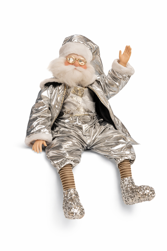 Luxury Santa doll rental Riga, modern large Santa Claus hire Latvia, 100cm interior Christmas doll, silver metallic Santa prop Riga, professional holiday display figures Baltic.