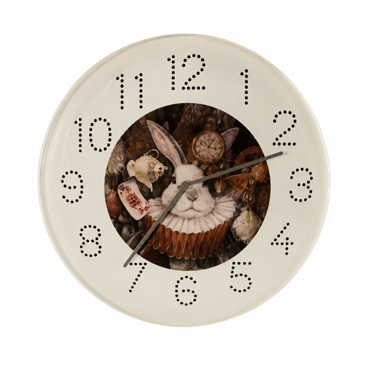 White decorative quartz wall clock with "How long is forever" Alice in Wonderland quote for festive display.