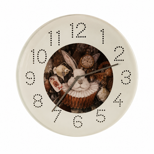 White decorative quartz wall clock with "How long is forever" Alice in Wonderland quote for festive display.