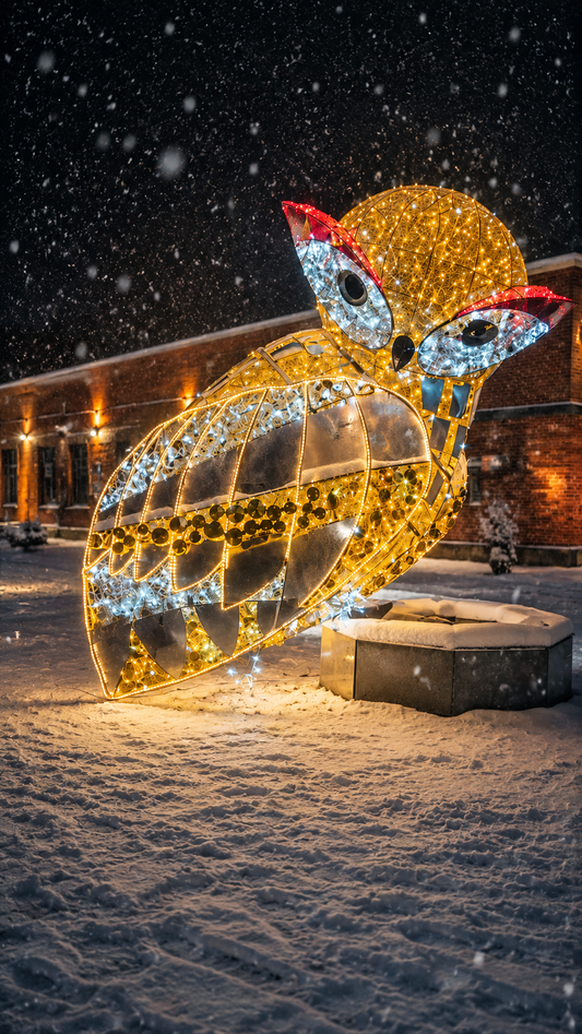 Where to rent giant Christmas owl sculpture Riga, interactive light installation hire Latvia, large outdoor 3D owl prop Riga, where to rent Christmas decor in Riga, commercial holiday photo zone bench Baltic, city square light decoration event hire.