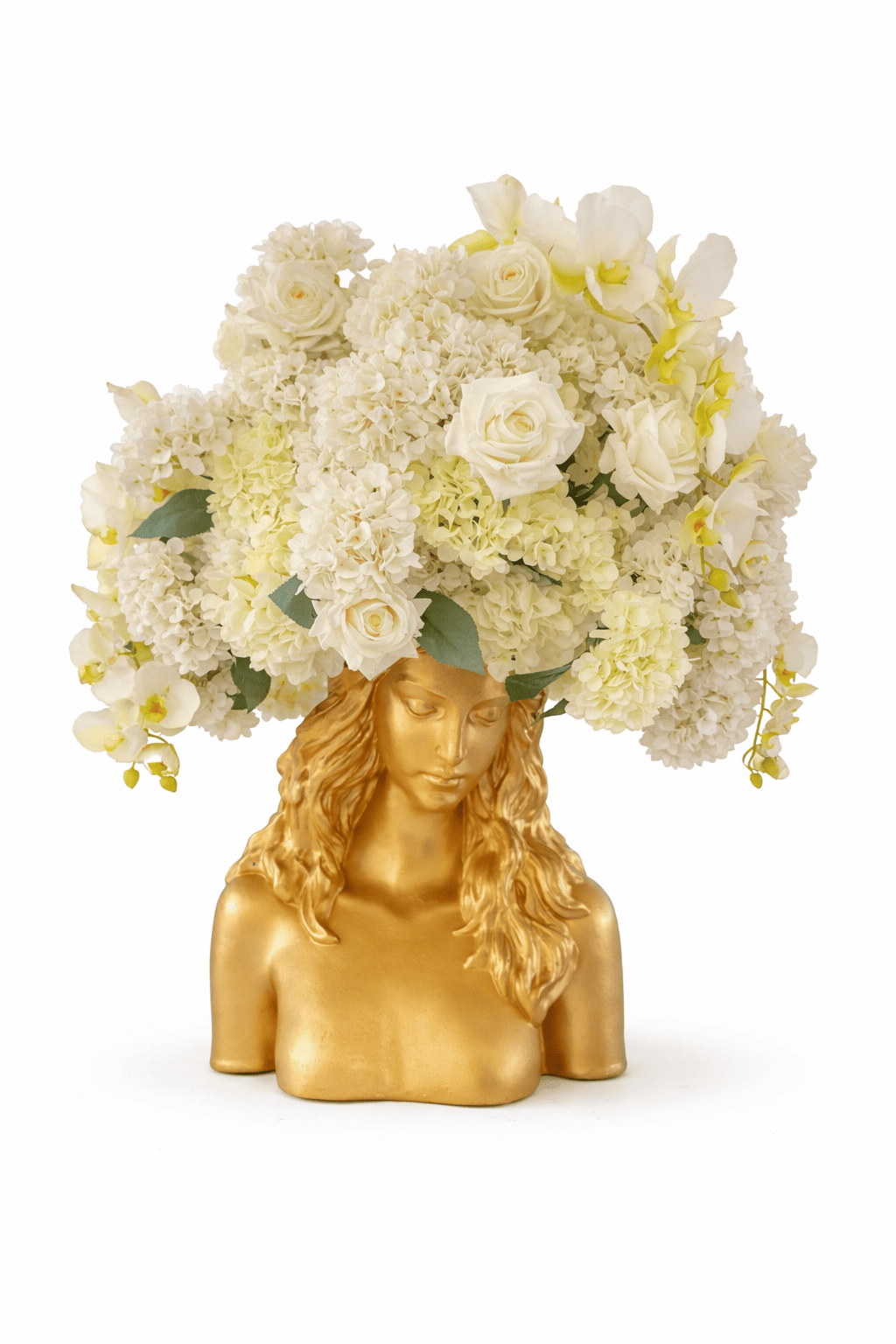 Woman head flower vase gold event decor
