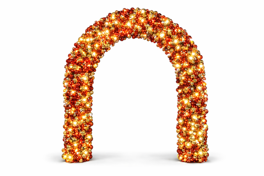 Grand 2D pre-lit Christmas doorway arch with over 2000 gold and red baubles and LED lights for entrance rental.