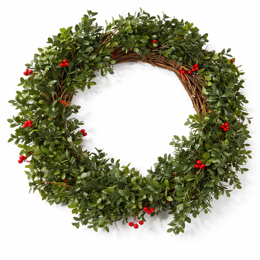 Large boxwood wreath rental Riga, grand Christmas wreath hire Latvia, 80cm rustic holiday wreath, commercial storefront Christmas decor Riga, premium grapevine festive wreaths Baltic.