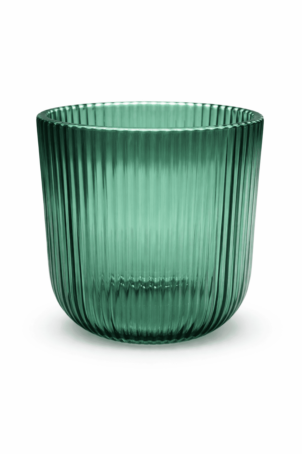 Green ribbed glass water tumbler with vertical texture, elegant emerald-tone drinking glass for modern table settings.