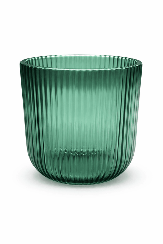 Green ribbed glass water tumbler with vertical texture, elegant emerald-tone drinking glass for modern table settings.