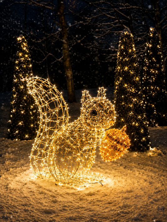 Where to rent squirrel light sculpture Riga, large outdoor animal prop hire Latvia, 140cm 3D festive squirrel decoration Riga, where to rent Christmas decor in Riga, commercial woodland light installation Baltic, holiday park lighting display prop.