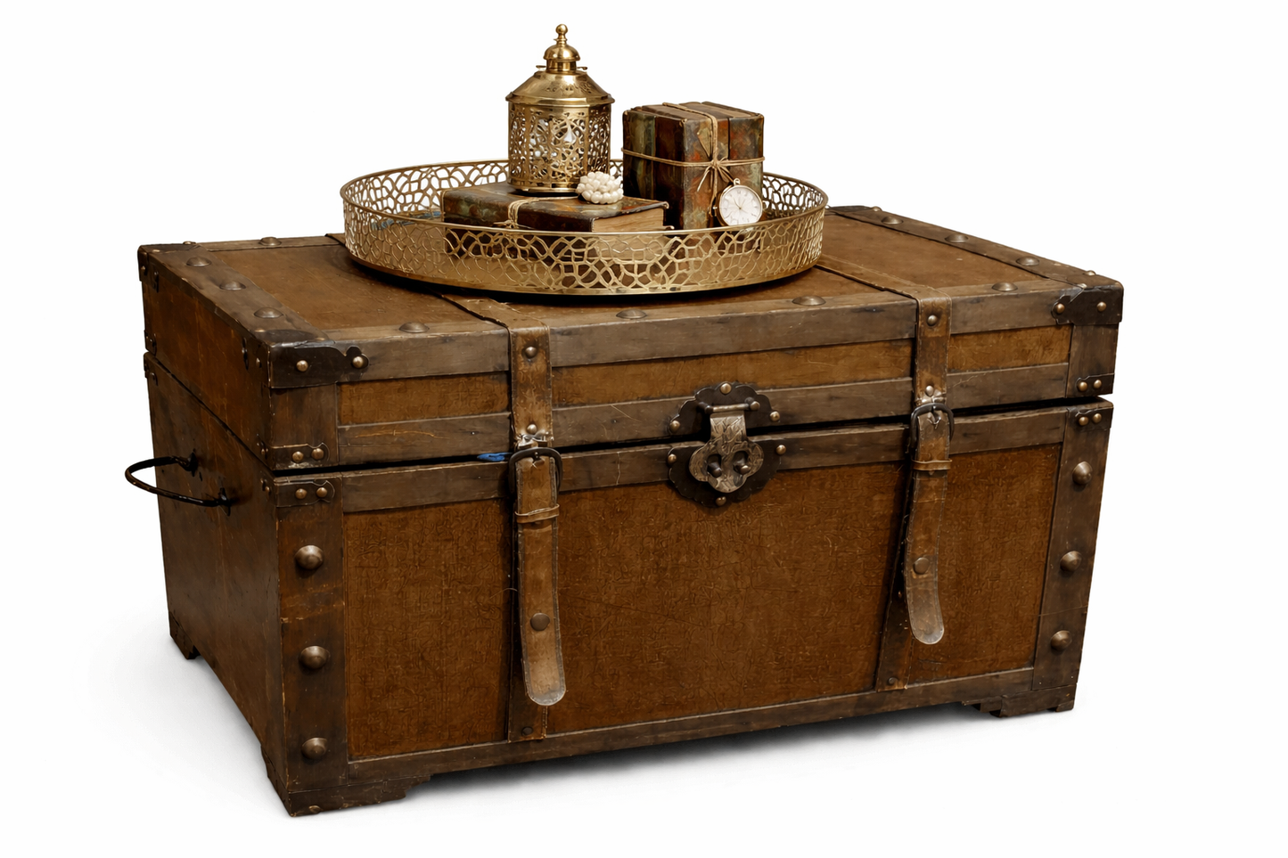 Vintage wooden trunk with decorative items for rent Latvia themed event decor themed event props for hire