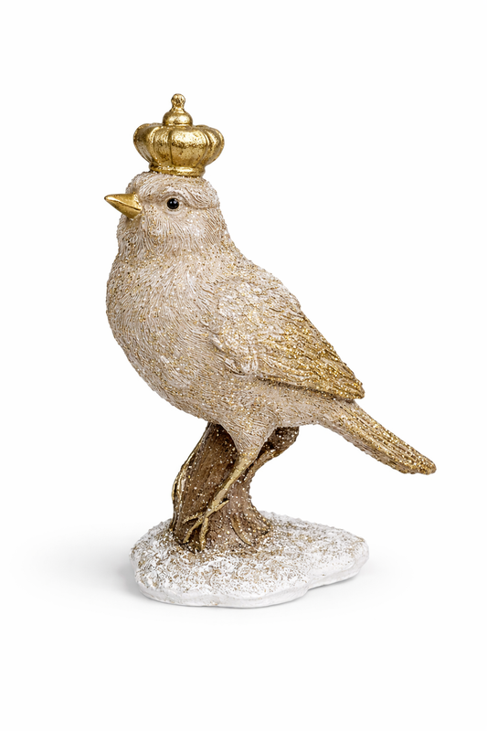 Luxury crowned bird figurine rental Riga, royal Christmas props hire Latvia, 14cm king and queen holiday statues Riga, elegant winter palace theme decor, premium centerpiece decorations Baltic.