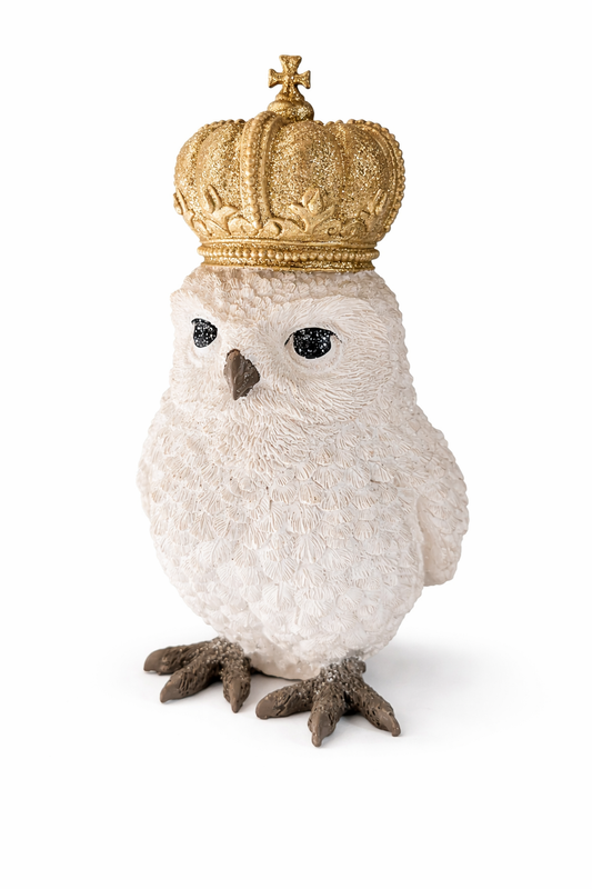 Luxury crowned owl figurine rental Riga, royal Christmas props hire Latvia, 19.5cm snowy owl holiday statue Riga, magical winter palace theme decor, premium centerpiece props Baltic.