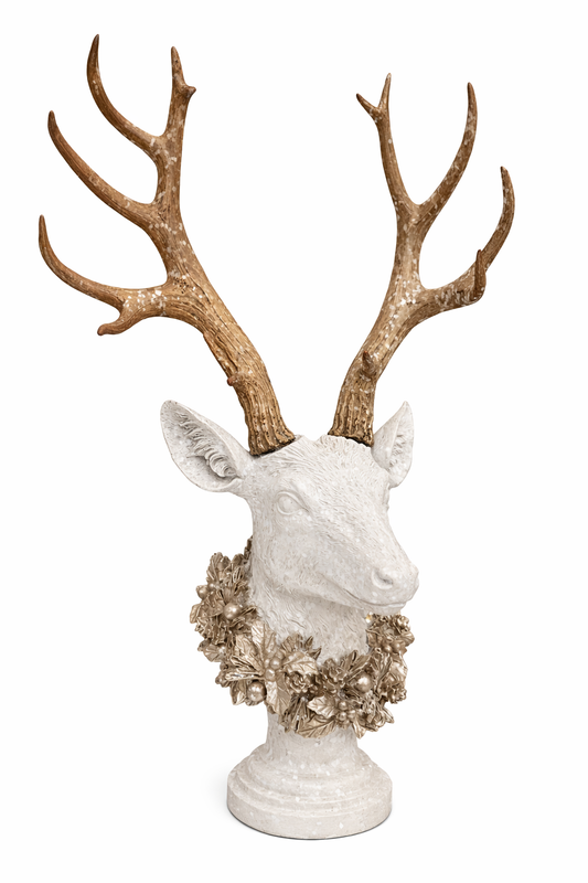 Luxury deer bust figurine rental Riga, stag head Christmas prop hire Latvia, 35cm glitter white deer statue Riga, winter palace theme centerpiece, premium mantlepiece holiday decor Baltic.