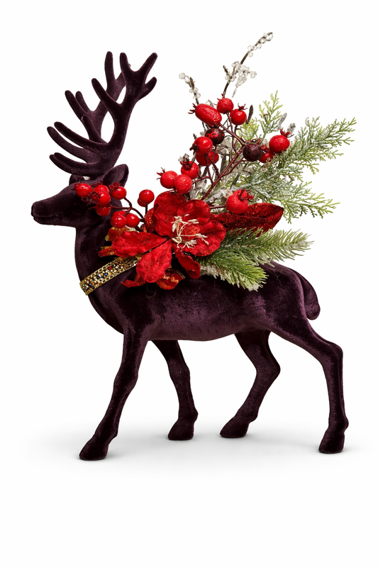 Velvet reindeer figurine rental Riga, dark cherry red stag prop hire Latvia, 72cm large velvet deer decoration Riga, botanical theme Christmas centerpiece Baltic, luxury decorated holiday props.
