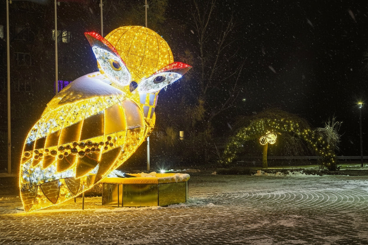 If you are looking to design a showstopping, interactive public installation and searching where to rent large outdoor Christmas sculptures and find giant illuminated props, our specialized holiday catalog is exactly what you need. When searching where to rent interactive light installations or where to get premium Christmas decor in Riga, our exclusive rental service offers the ideal selection of a 3.9-meter glowing owl with a photo bench, matching light designs, and professional setup elements for luxury 