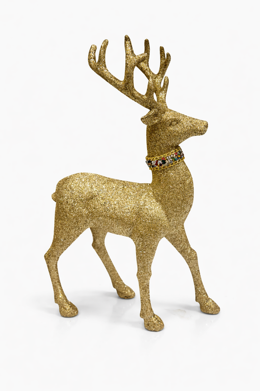 Gold glitter reindeer rental Riga, sparkling Christmas stag prop hire Latvia, universal holiday table decorations Riga, glittering gold festive accents Baltic, lightweight tree display props.