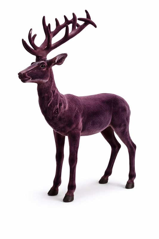 Large velvet reindeer rental Riga, dark cherry stag prop hire Latvia, 70cm burgundy deer statue Riga, luxury traditional Christmas decor Baltic, high end commercial display props.