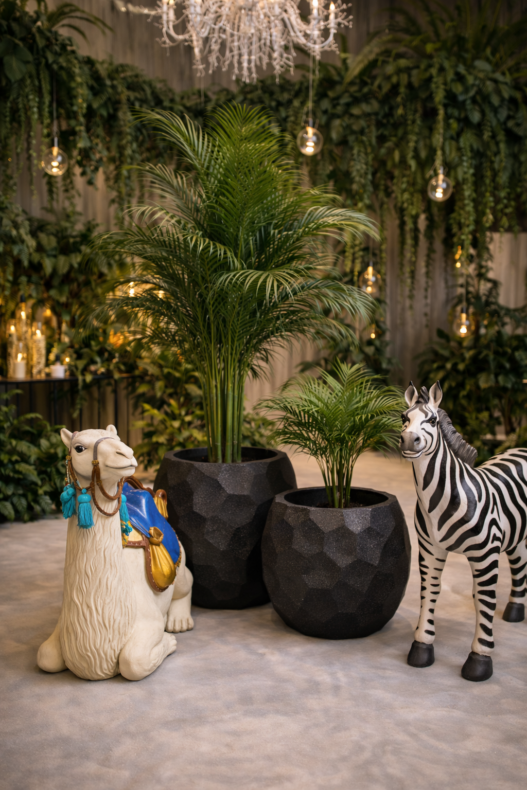 Large anthracite geometric planter with palm tree modern jungle event decor