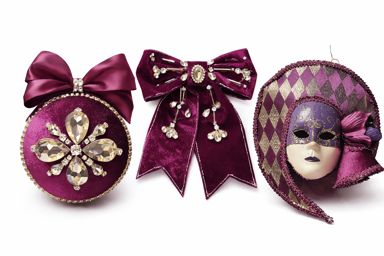 Venetian Christmas decor rental Riga, luxury velvet tree ornaments hire Latvia, masquerade theme event props Riga, exclusive burgundy holiday decoration set, corporate Christmas tree design Baltic.