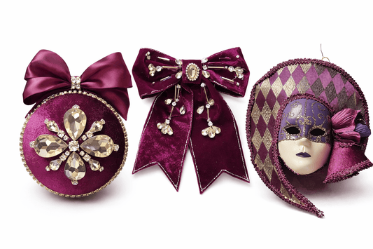 Venetian Christmas decor rental Riga, luxury velvet tree ornaments hire Latvia, masquerade theme event props Riga, exclusive burgundy holiday decoration set, corporate Christmas tree design Baltic.
