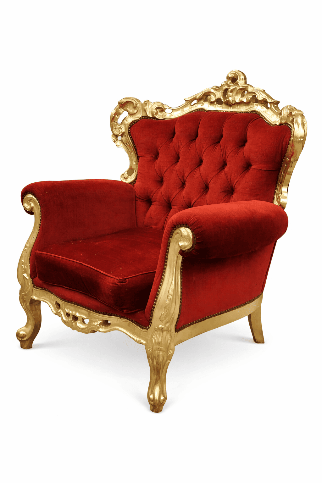 Royal baroque gold armchair with red velvet upholstery for luxury event decor and wedding lounge rental.